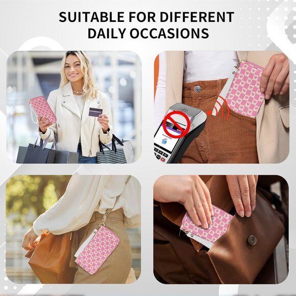 Pink plaid women's RFID blocking wristlet wallet, large capacity, zip around - Picture 6 of 7